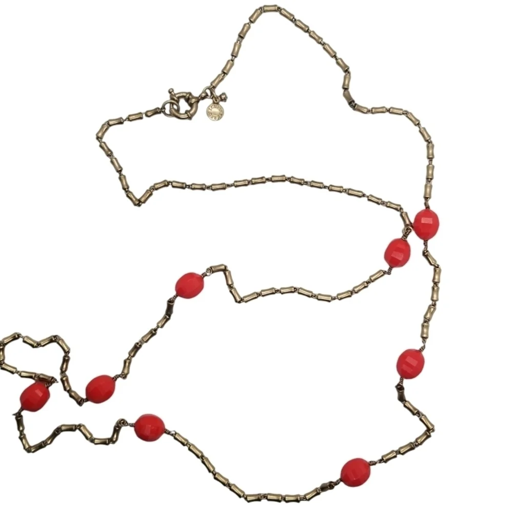 J.CREW LONG MATTE GOLDTONE CYLINDER BEAD & RED BEAD CHAIN NECKLACE